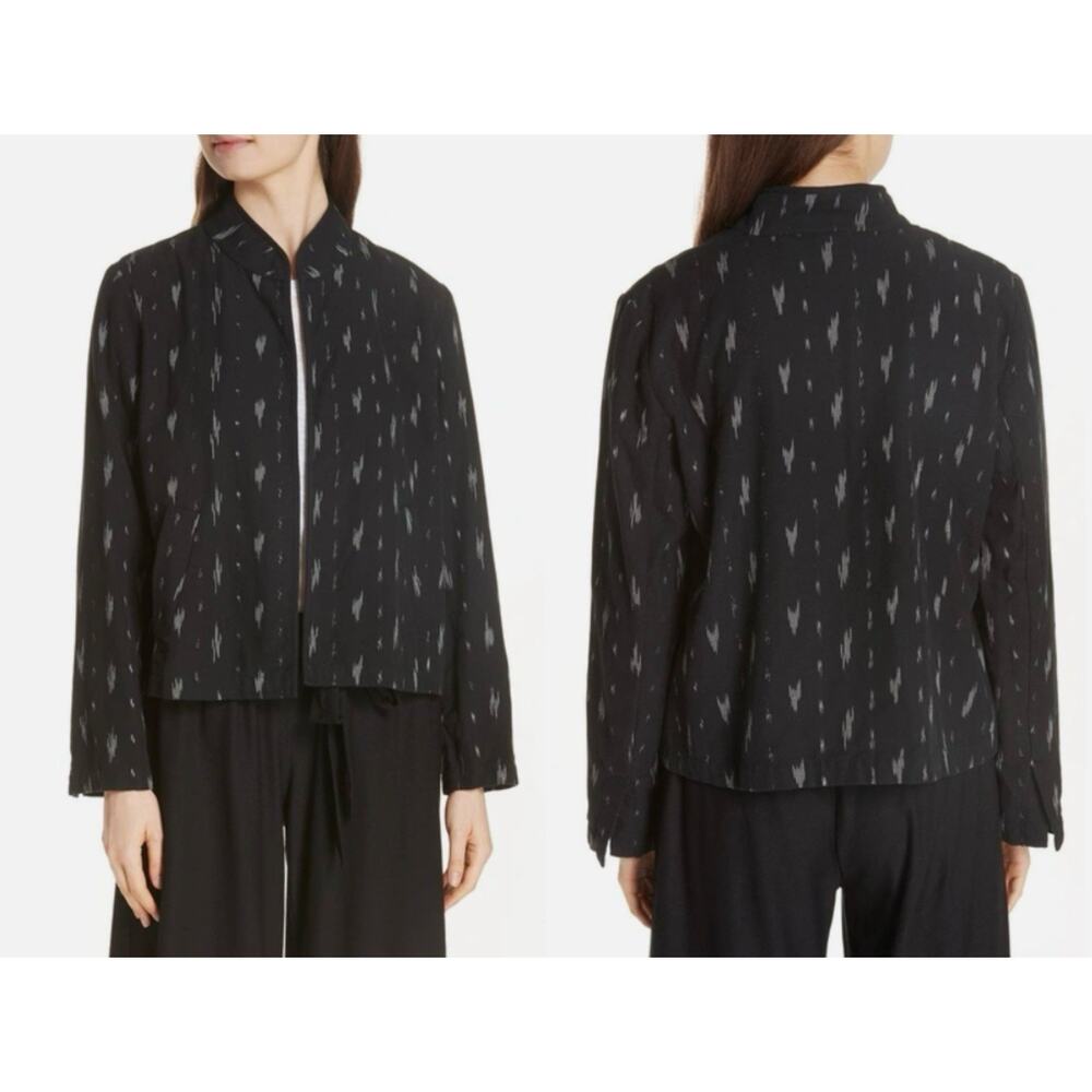 Eileen Fisher Ikat Print Mandarin Collar Short Jacket — XS Black Organic Cotton